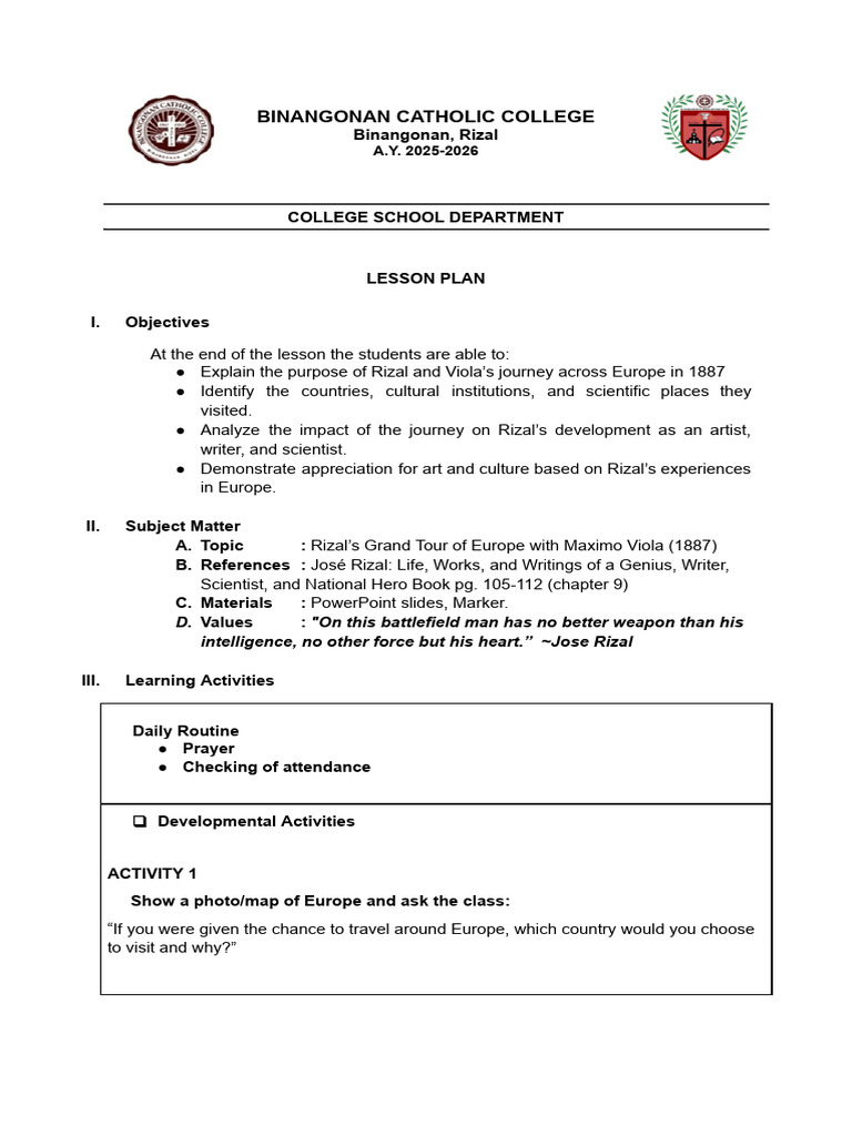 Rizal's 1887 European Journey Lesson Plan | PDF