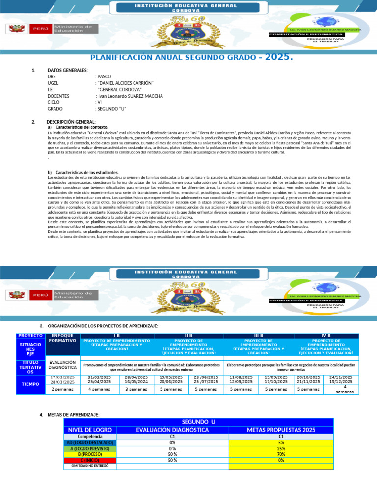 Plan Anual 2025 Segundo Grado Pasco | PDF | Aprendizaje | Evaluación