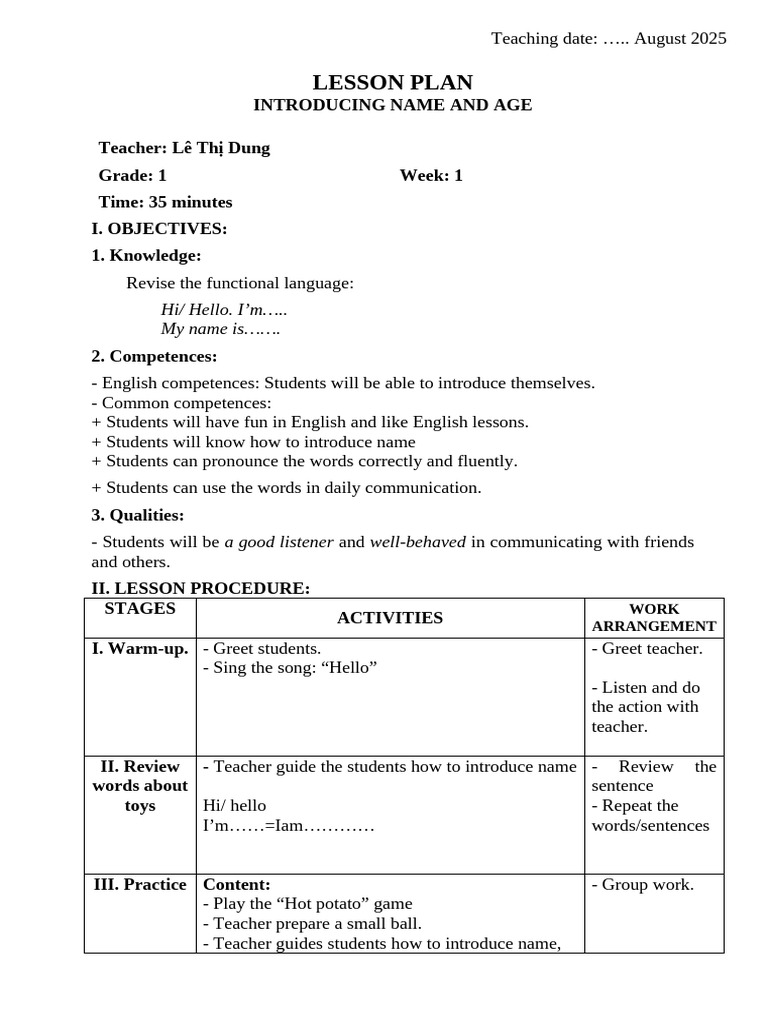 Self-Introduction Lesson Plan for Kids | PDF