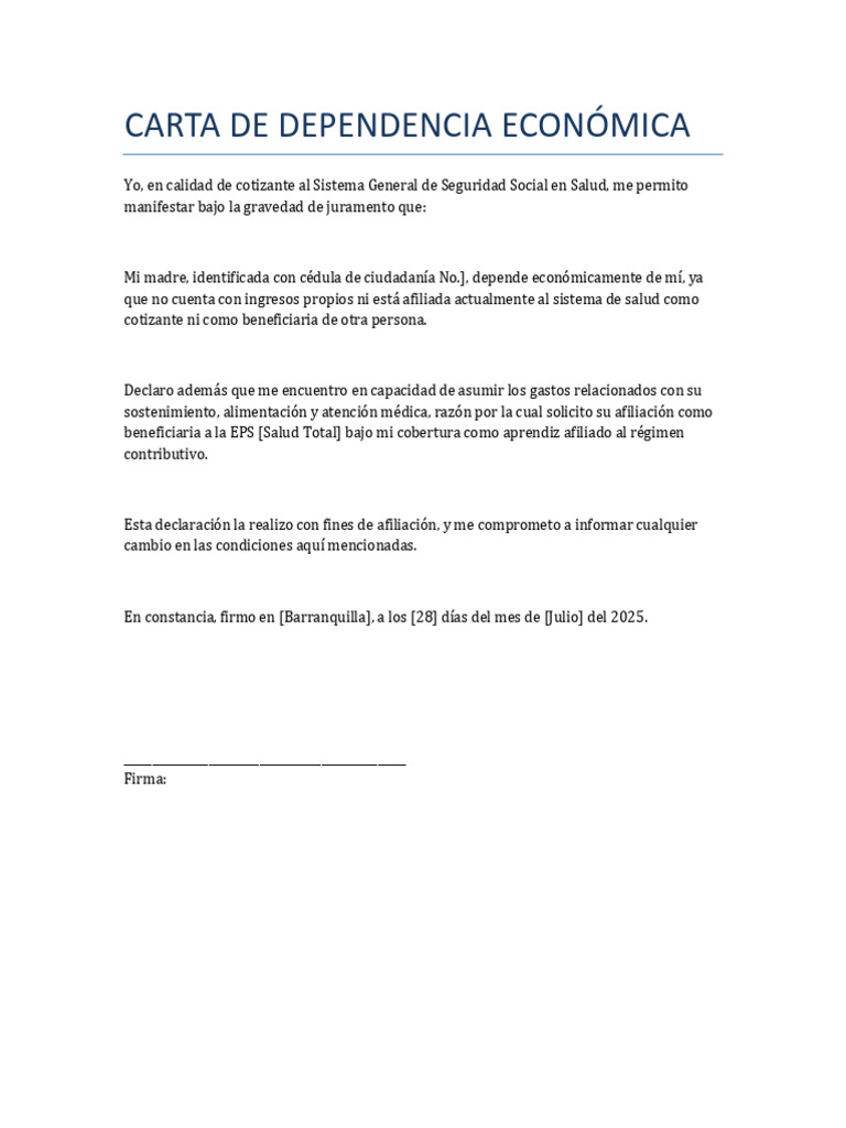 Carta de Dependencia Económica Ejemplo | PDF