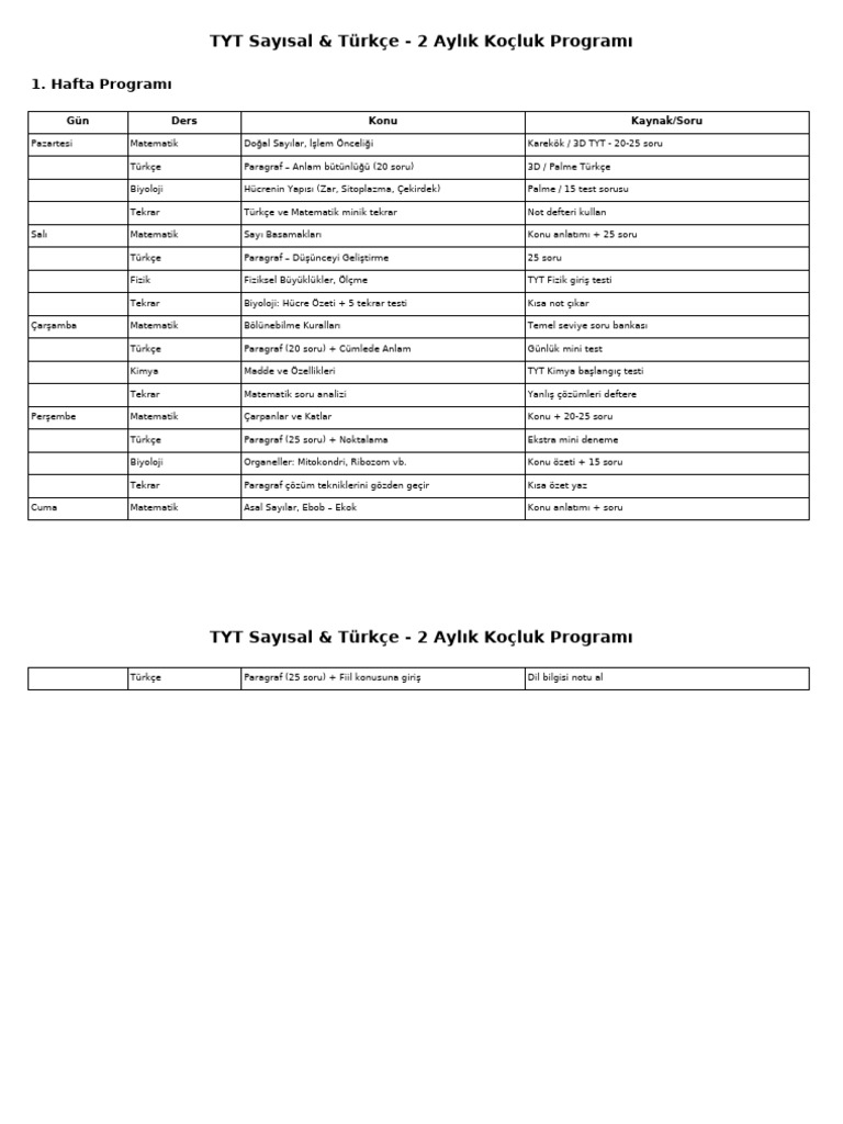 TYT 2 Aylik Program | PDF
