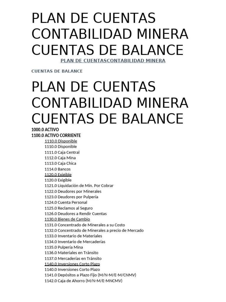 Plan de Cuentas para Contabilidad Minera | PDF | Hoja de balance | Minería