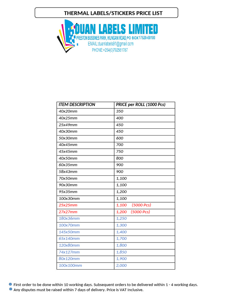 Duan Labels Price List and Terms | PDF