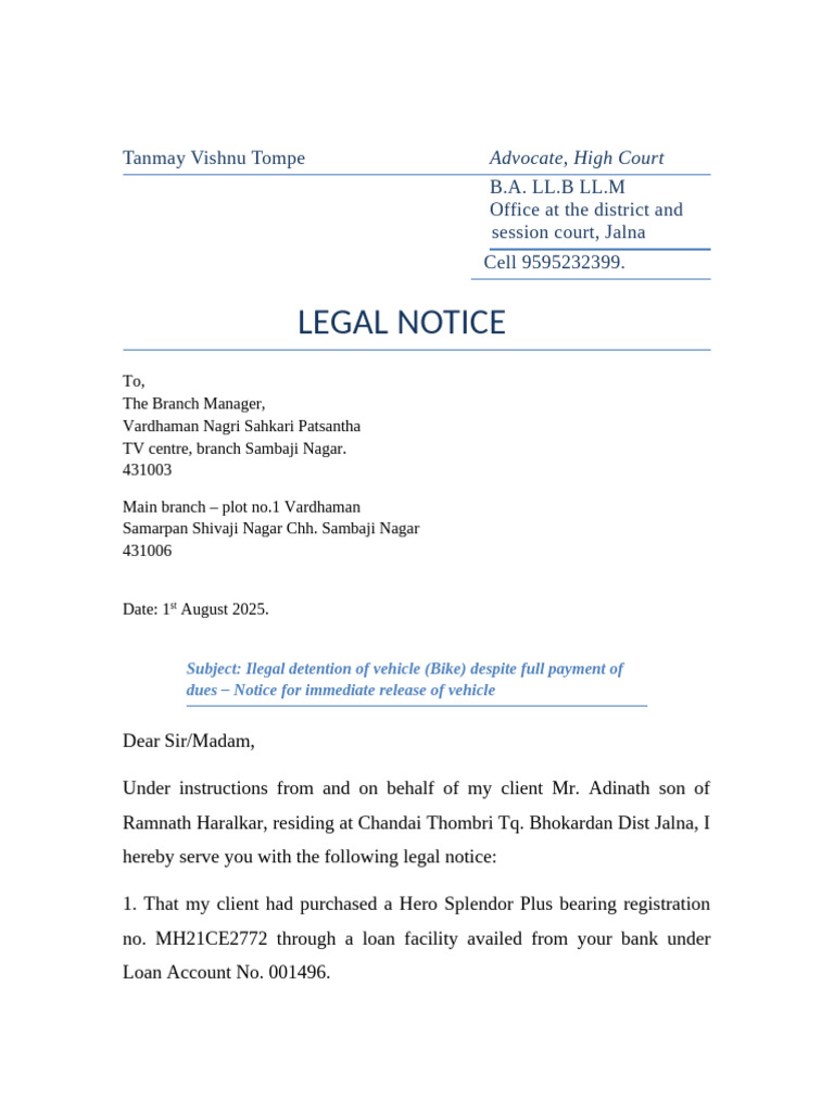 Legal Notice for Bike Release | PDF | Justice | Crime & Violence