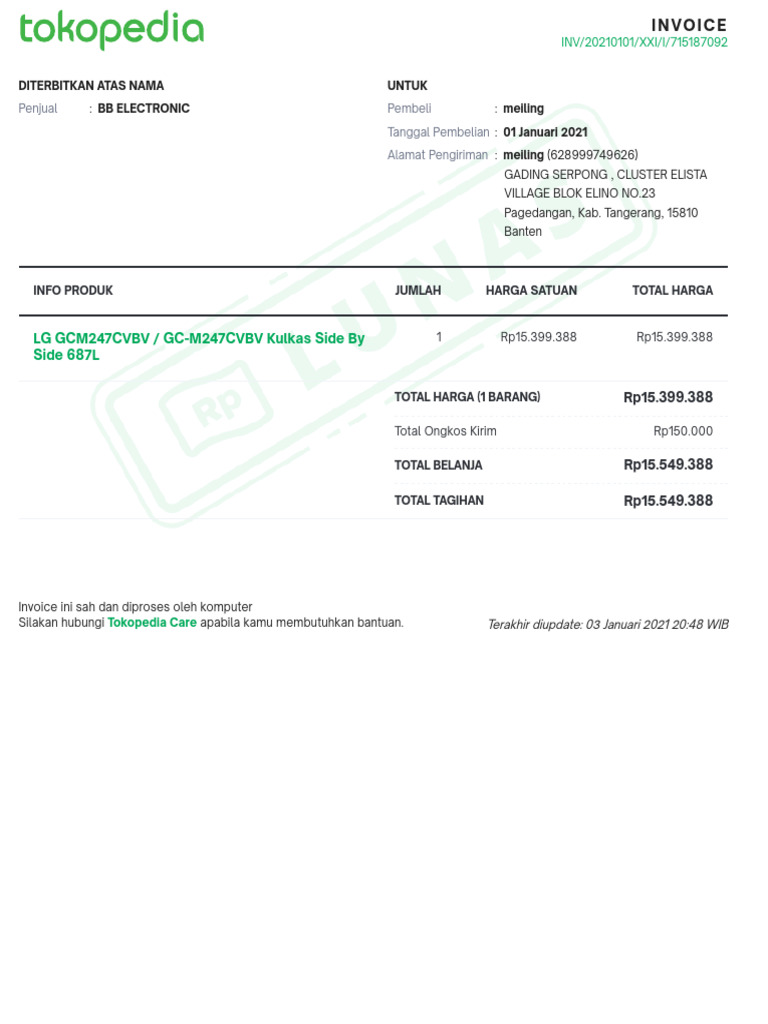 Invoice Pembelian Kulkas LG 687L | PDF