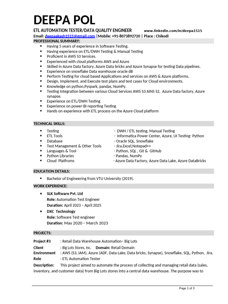 ETL Automation Tester Resume Summary | PDF | Databases | Data Warehouse