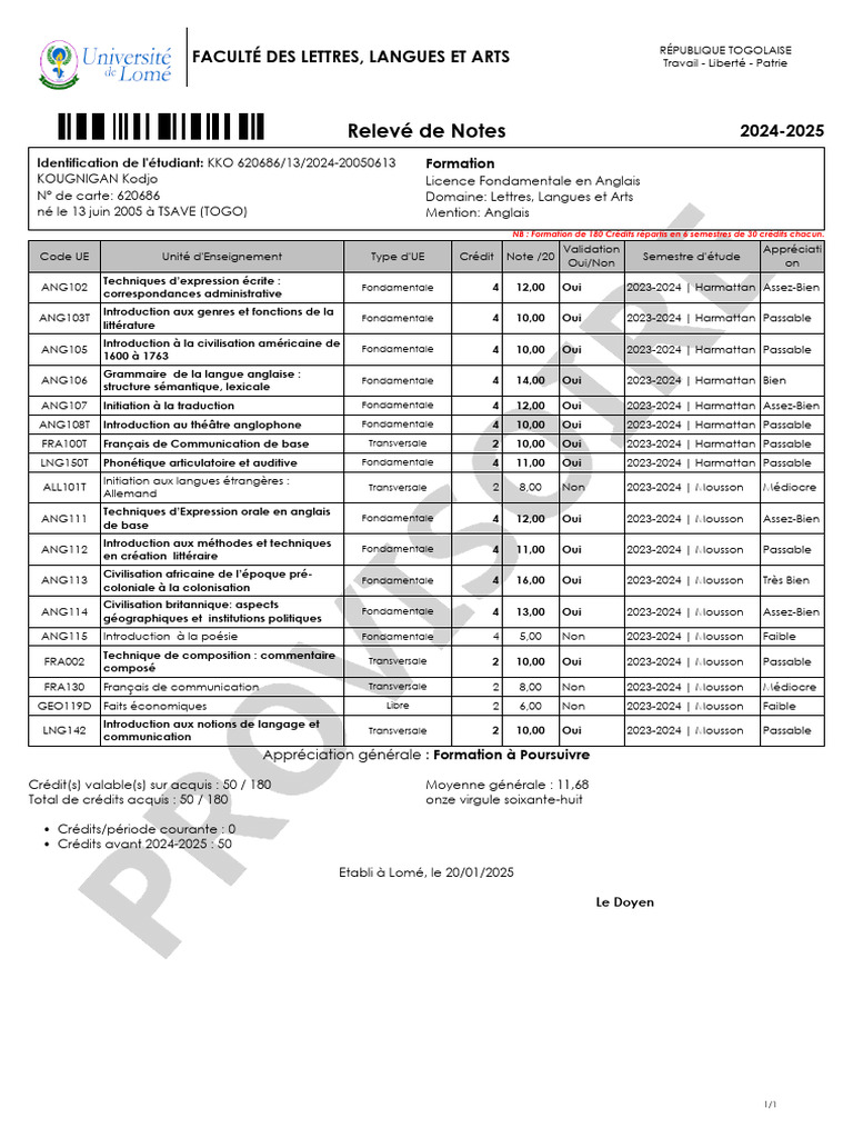 Relevé de Notes Licence Anglais 2024-2025 | PDF | Communication humaine ...
