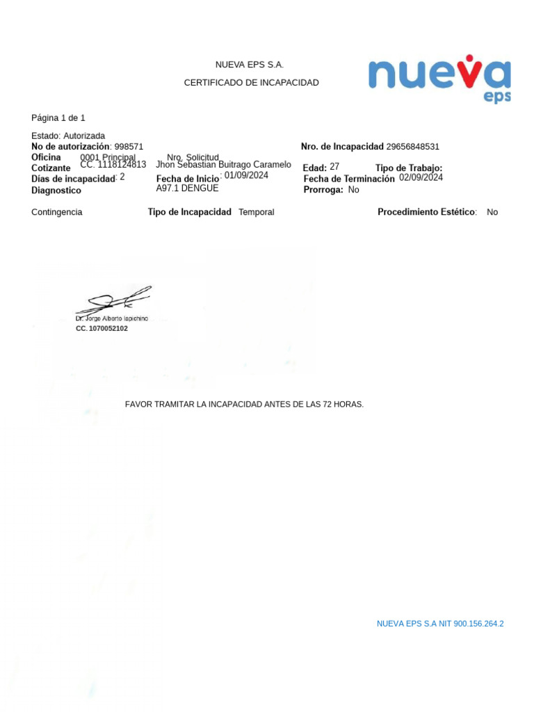 Certificado de Incapacidad Nueva EPS 2024 | PDF