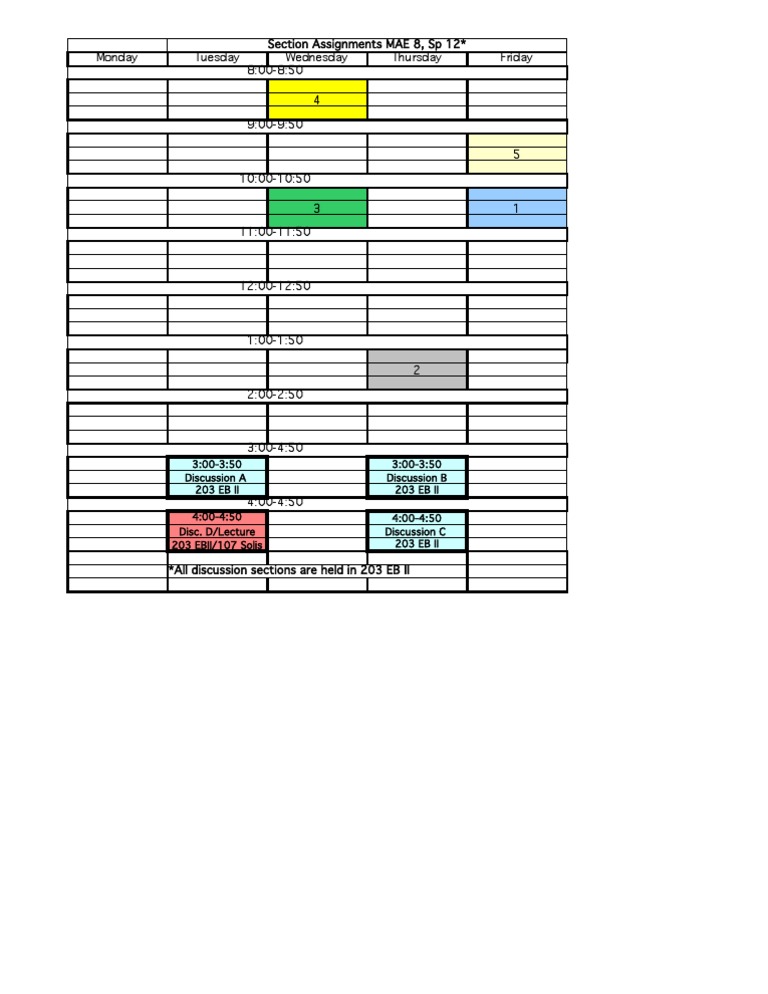 MAE 8 Spring 2012 Section Schedule | PDF