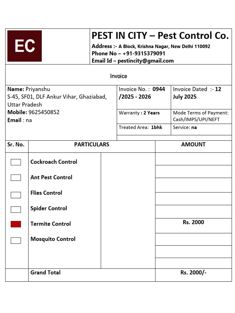 Pest Control Invoice - July 2025 | PDF