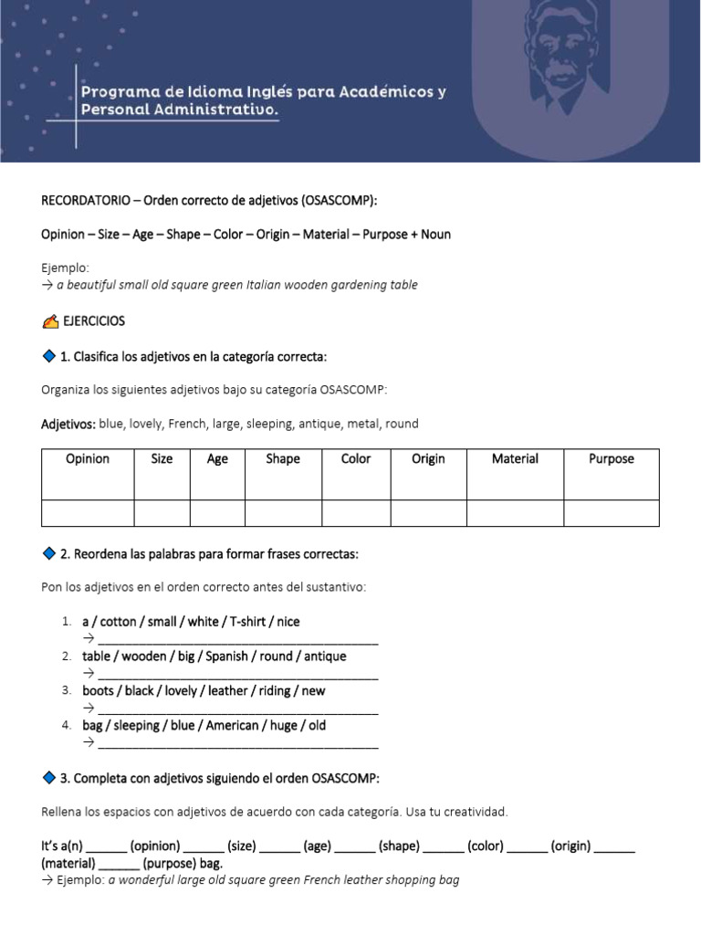 Ejemplos de Orden de Adjetivos OSASCOMP | PDF