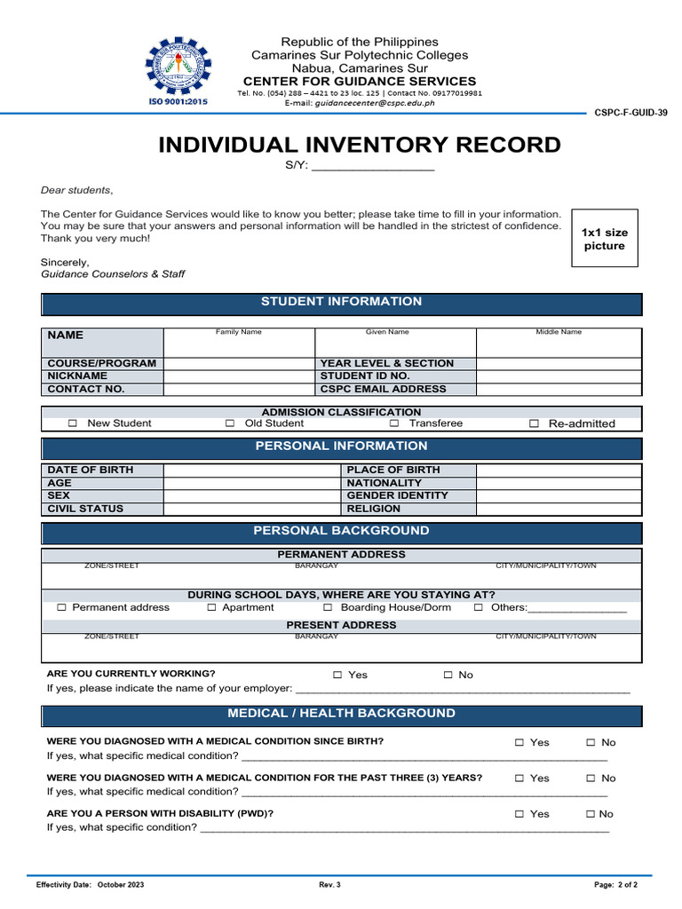Individual Inventory Record Form | PDF | Justice | Crime & Violence