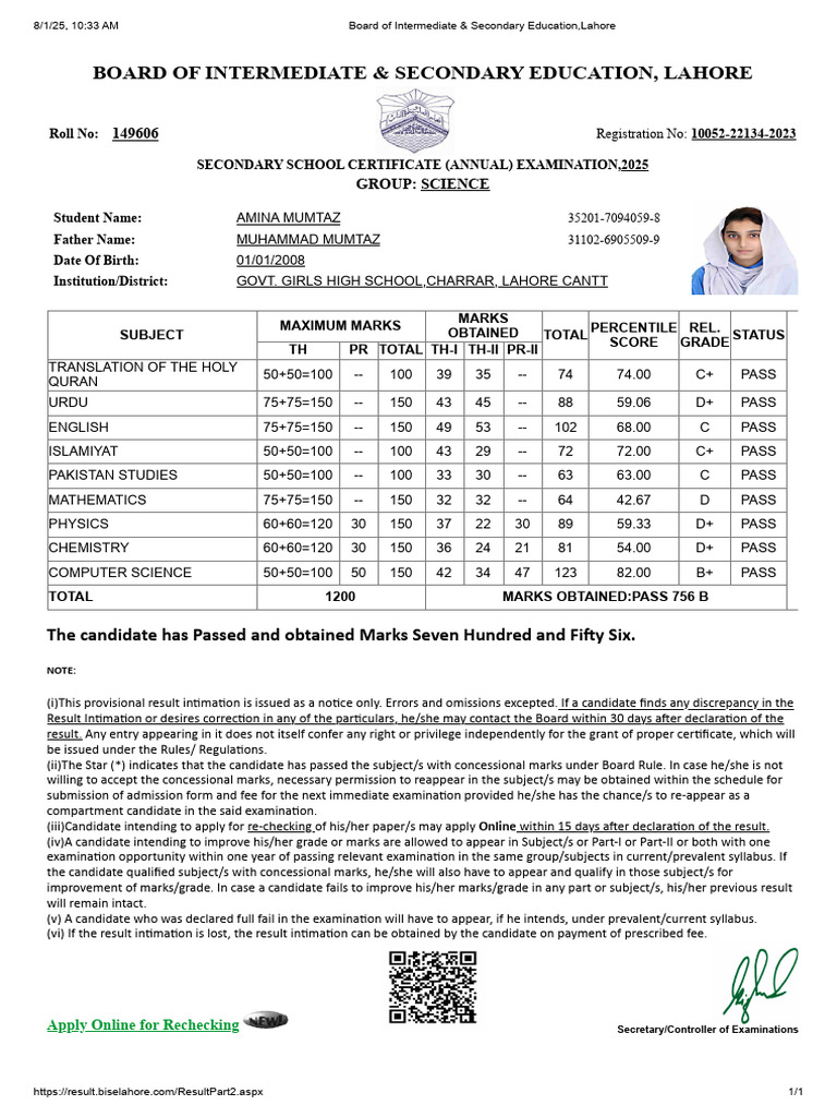 Board of Intermediate & Secondary Education, Lahore | PDF