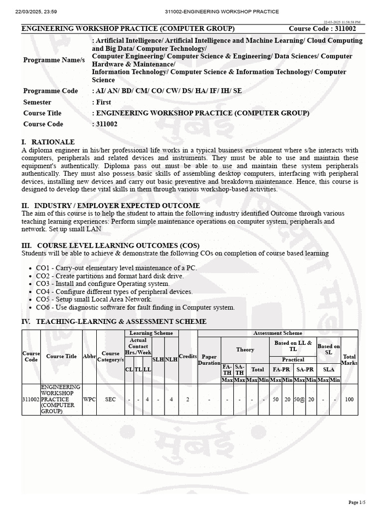 Engineering Workshop Practice Course 311002 | PDF | Personal Computers ...