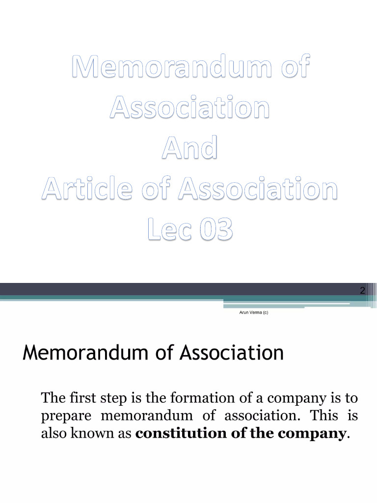 Lec 03 Memorandum of Association and Articles of Association | PDF
