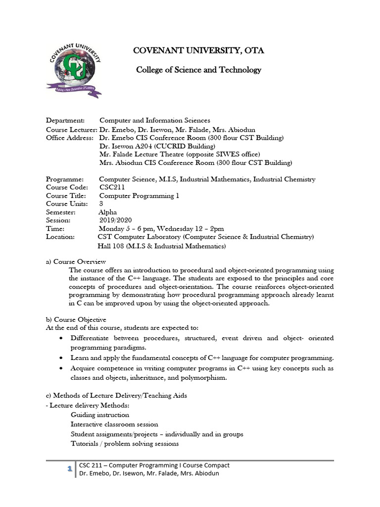CSC 211: Intro to C++ Programming | PDF | Class (Computer Programming ...