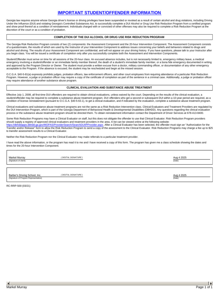 Georgia DUI Risk Reduction Program Guide | PDF | Driving Under The ...