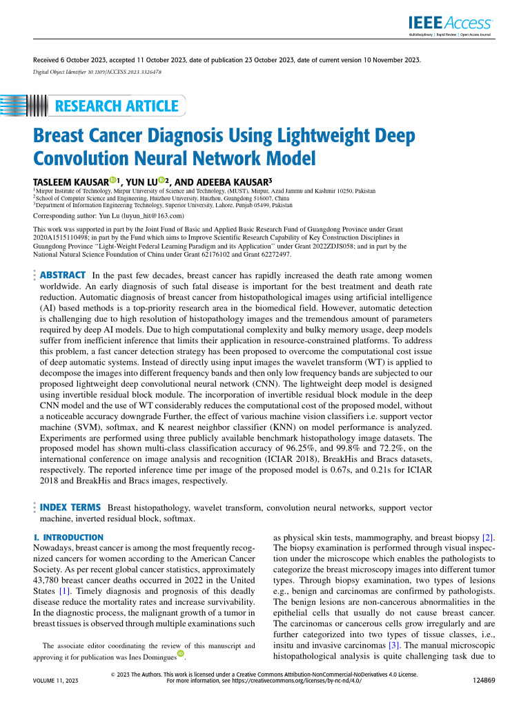 Lightweight CNN for Breast Cancer Diagnosis | PDF | Wavelet | Biopsy