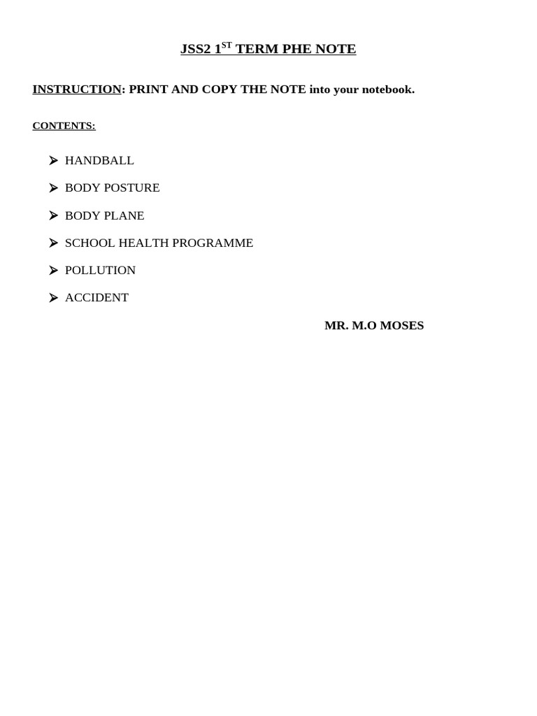 PHE Lesson Notes for JSS2 Term 1 | PDF | Anatomical Terms Of Location ...