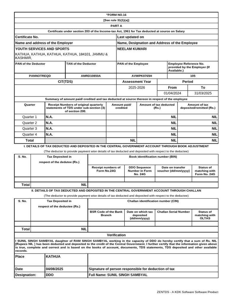 Form 16 TDS Certificate for 2025-26 | PDF | Tax Deduction | Employee ...
