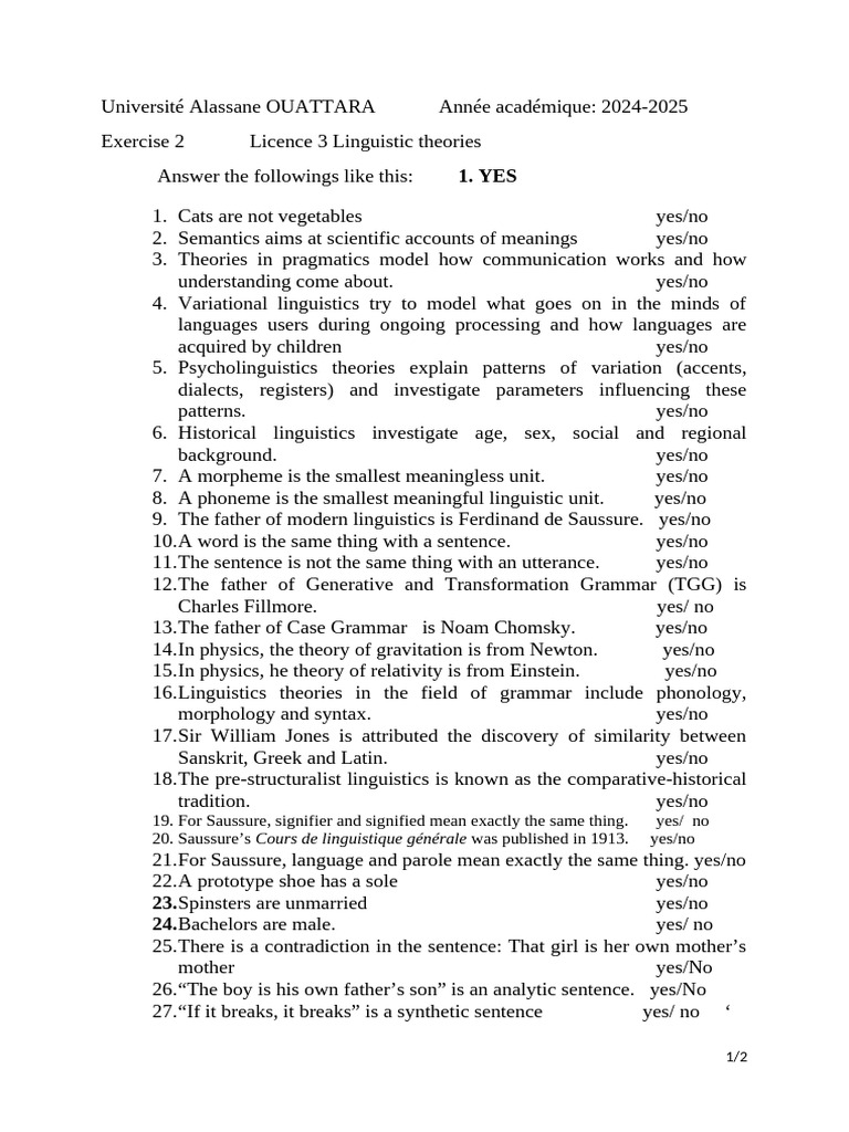 Linguistic Theories Exercise Answers | PDF | Linguistics | Semantics