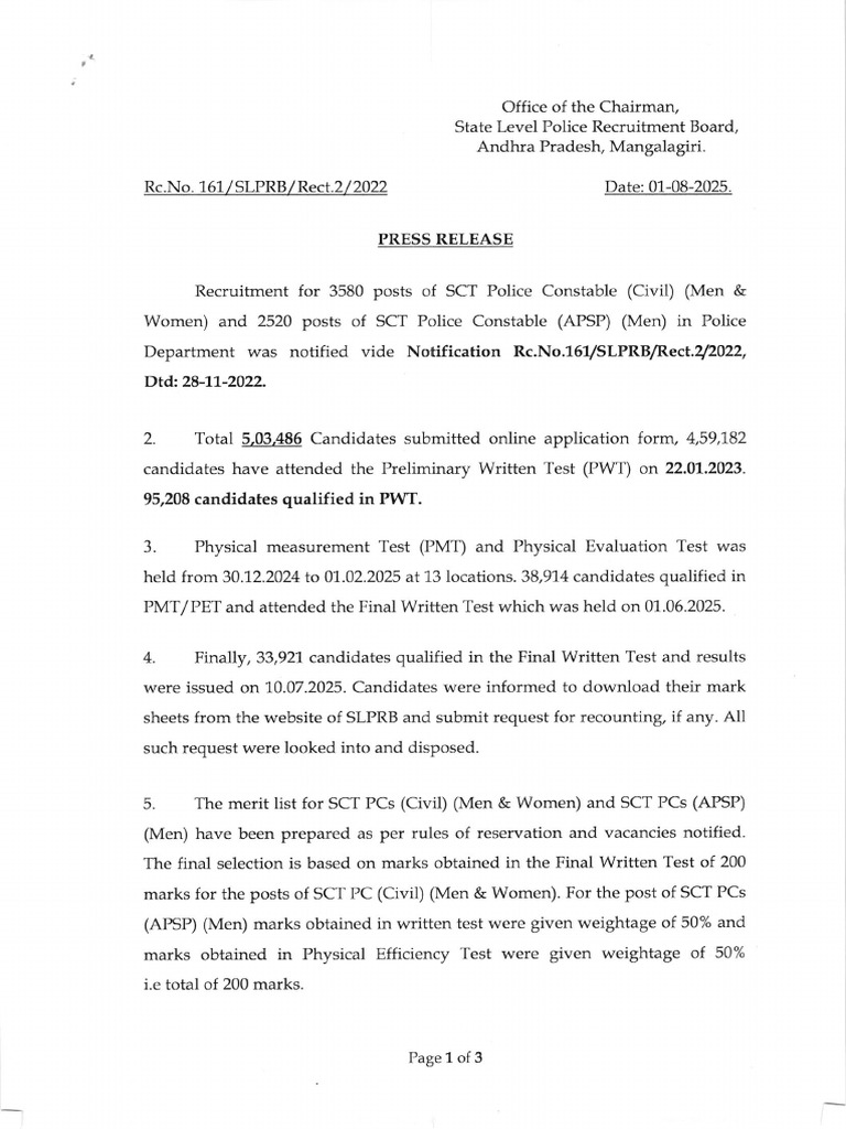 Press Note DTD - 01.08.2025 Regarding Selection List For The Posts of ...