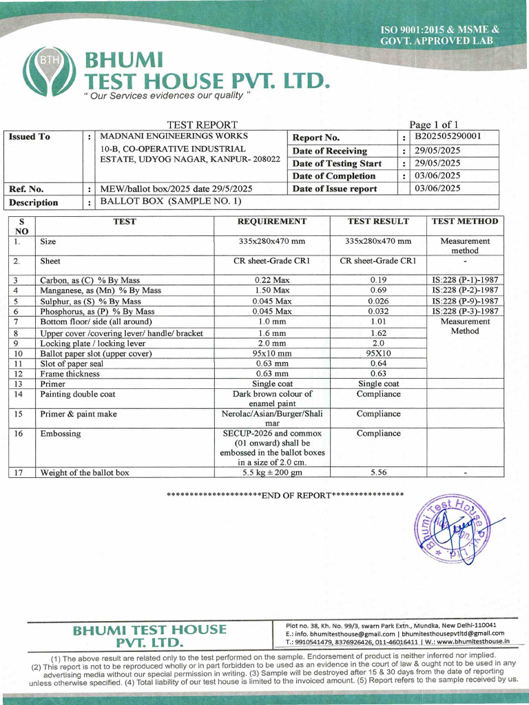 Ballot Box Test Report 2025 | PDF | Materials
