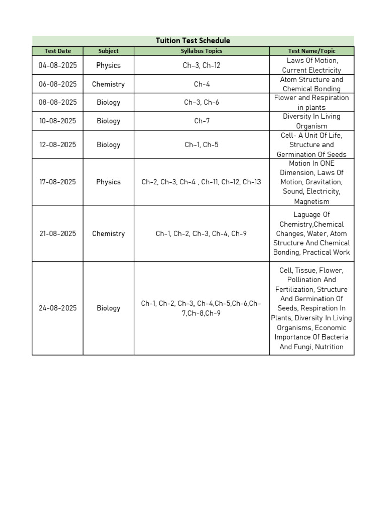 Tuition Test Schedule 2025 | PDF | Biology | Seed