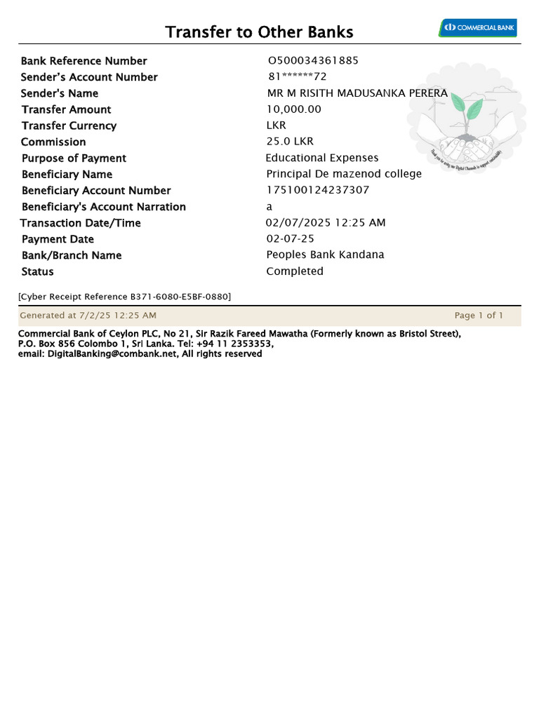 Peoples Bank Transfer Receipt | PDF