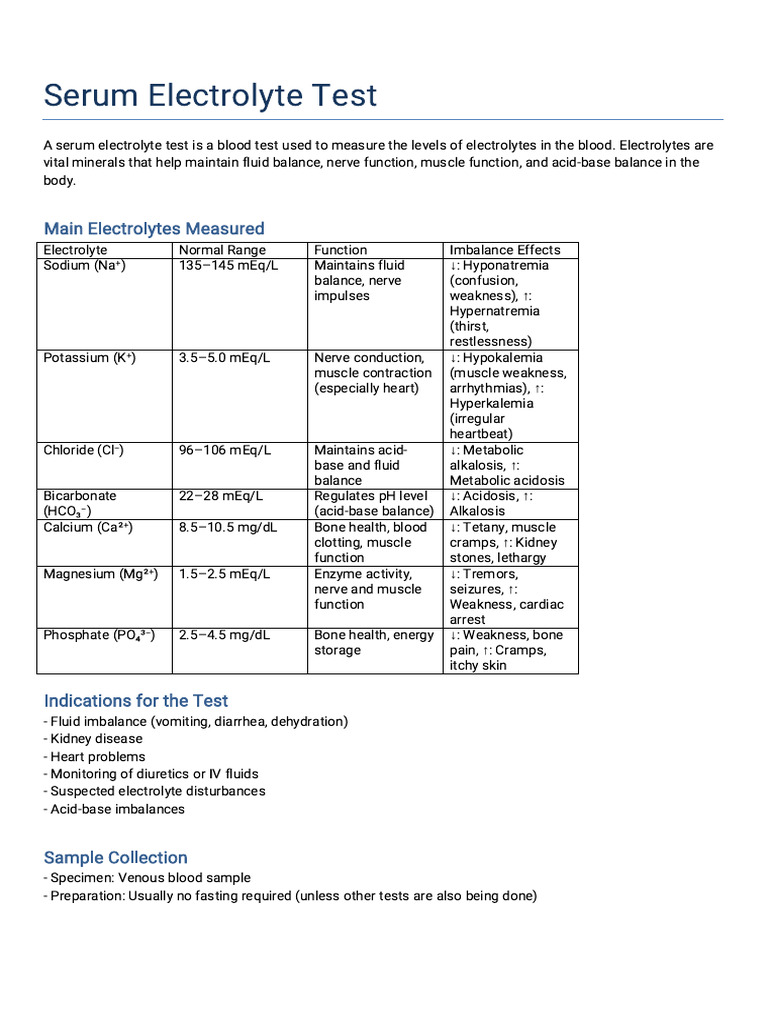 Serum Electrolyte Test Overview | PDF | Medical Specialties | Diseases ...