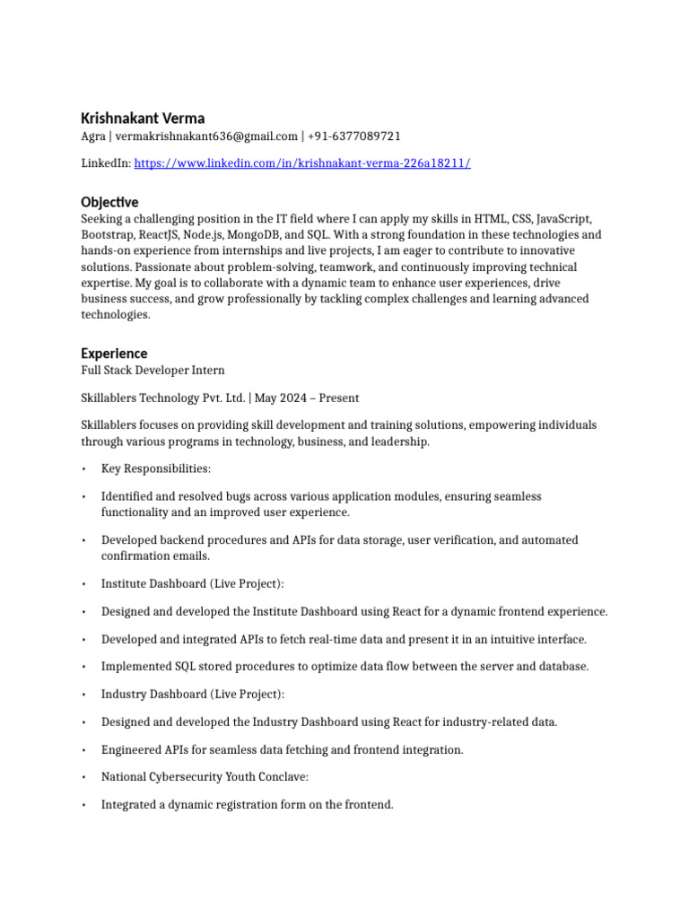 Full Stack Developer Resume of Krishnakant Verma | PDF | Java Script ...
