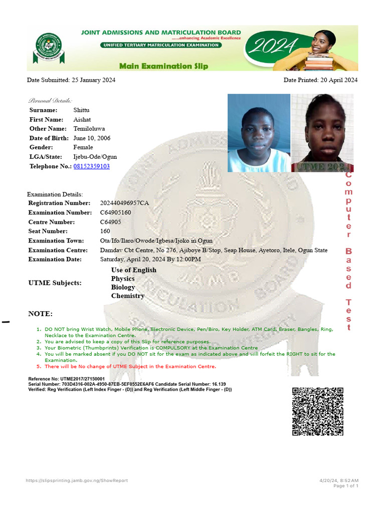 UTME Exam Registration Slip 2024 | PDF