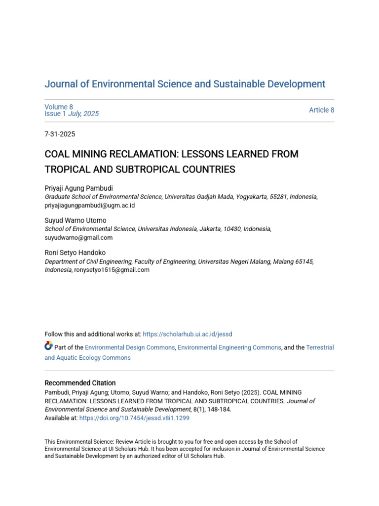 Coal Mining Reclamation - Lessons Learned From Tropical and Subtro ...