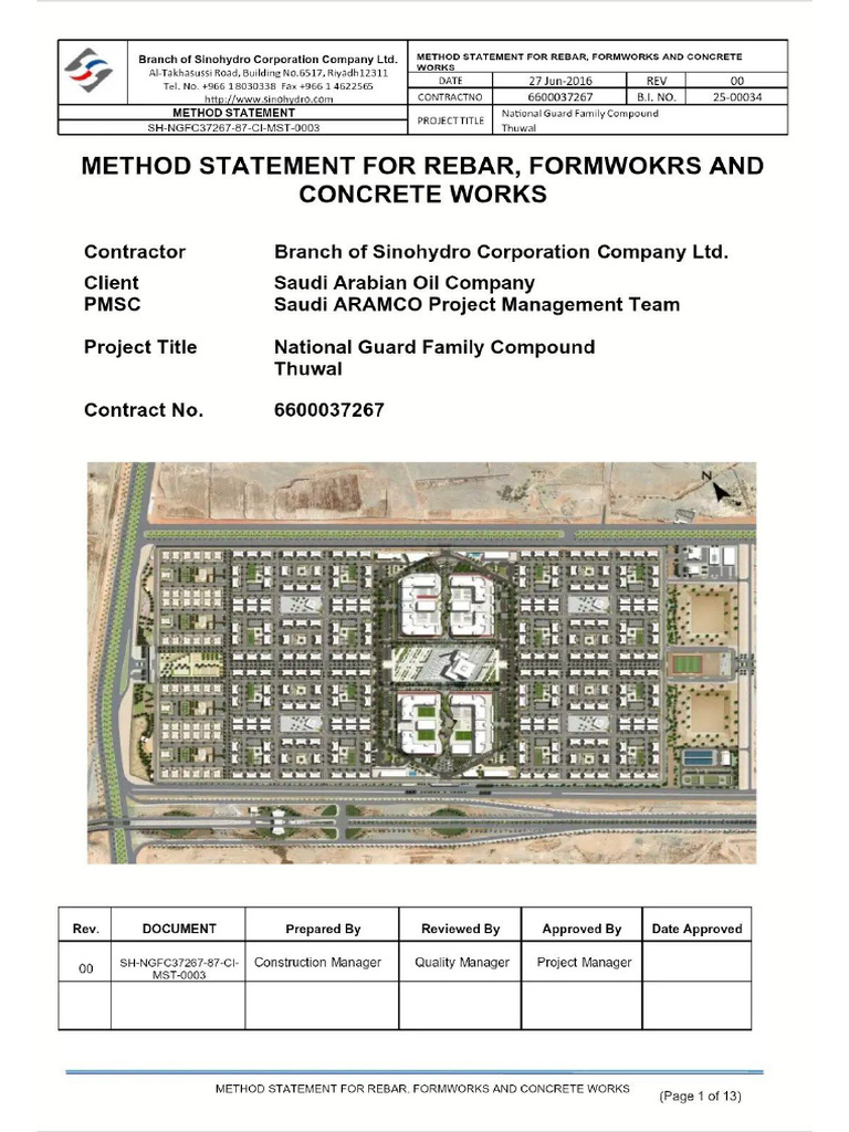 Method Statement For Rebar Formwork and Concrete | PDF