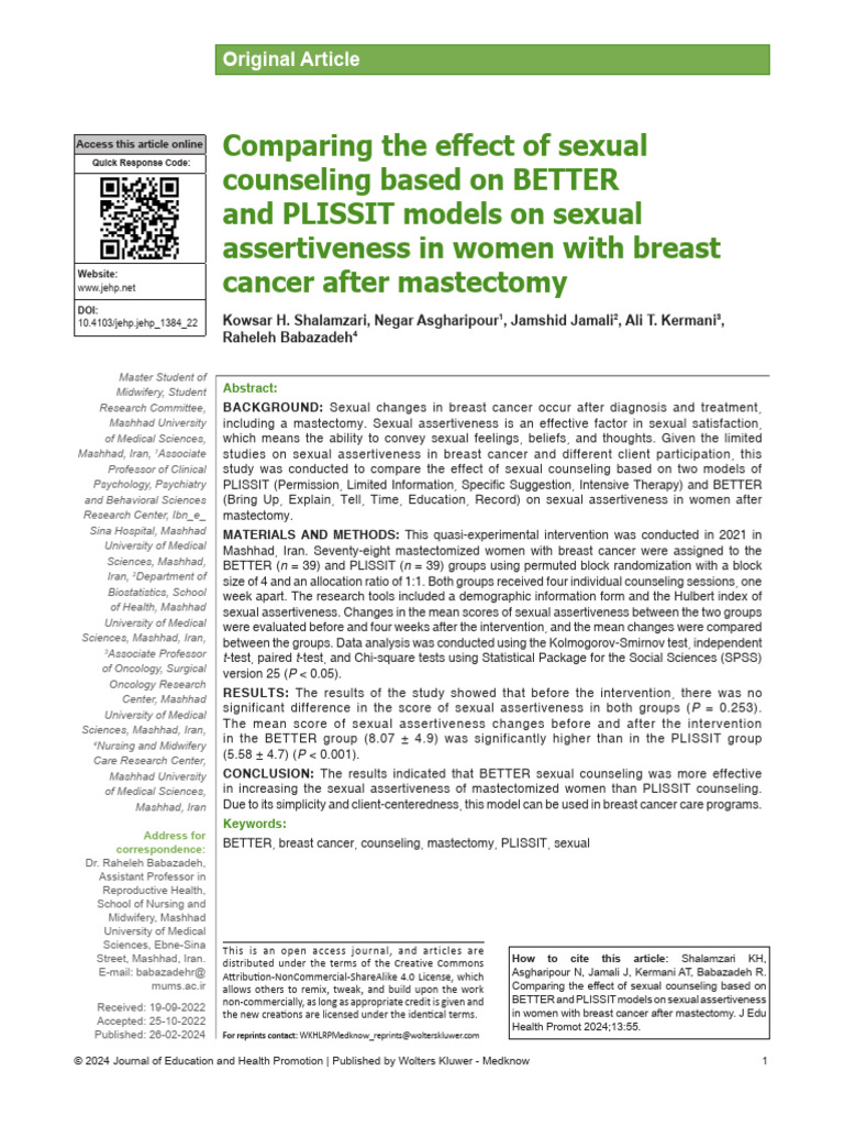 BETTER vs. PLISSIT: Sexual Counseling Efficacy | PDF | Breast Cancer ...