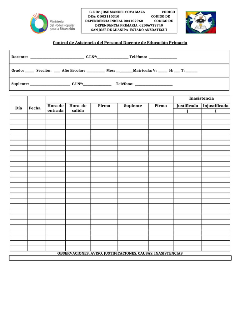 Control de Asistencia Docente Primaria | PDF