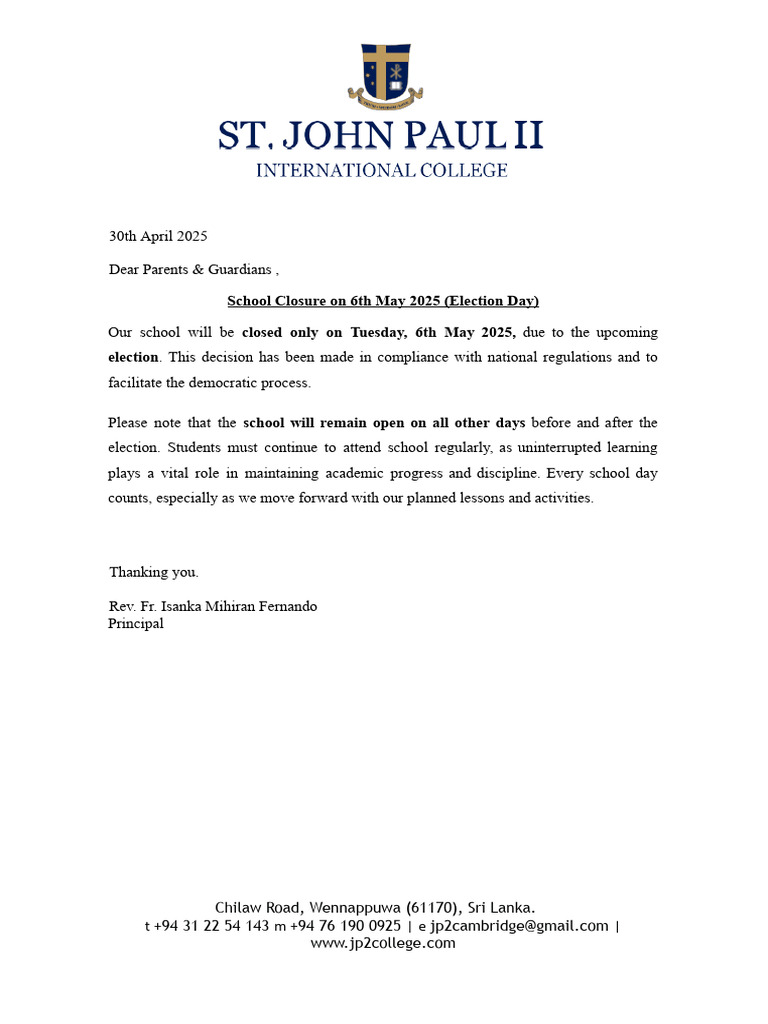 School Closure Notice for Election Day | PDF