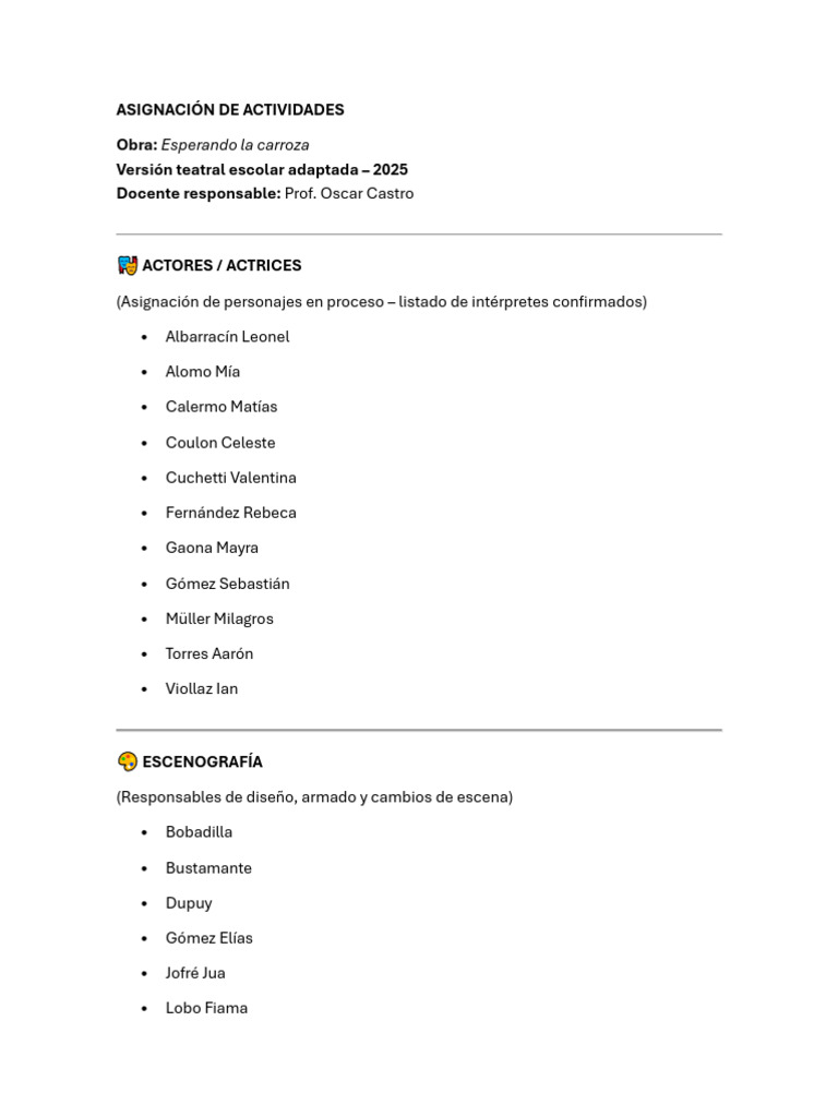 Asignación de Actividades para La Obra de Teatro | PDF