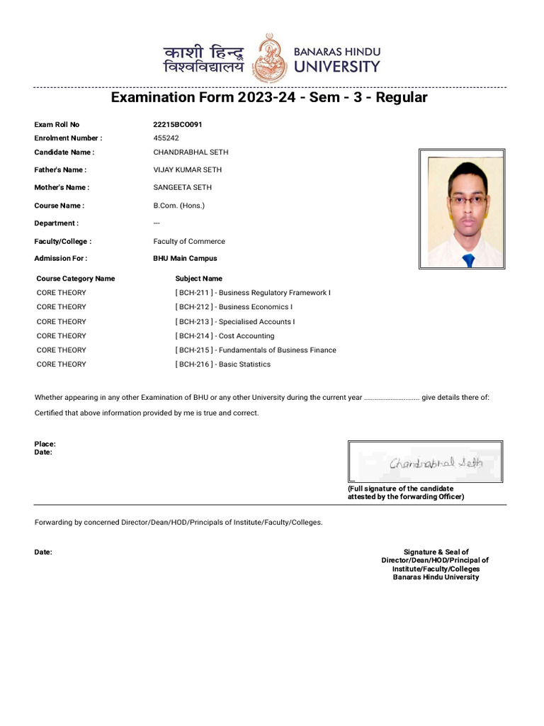 BHU B.Com. Sem 3 Exam Form 2023-24 | PDF