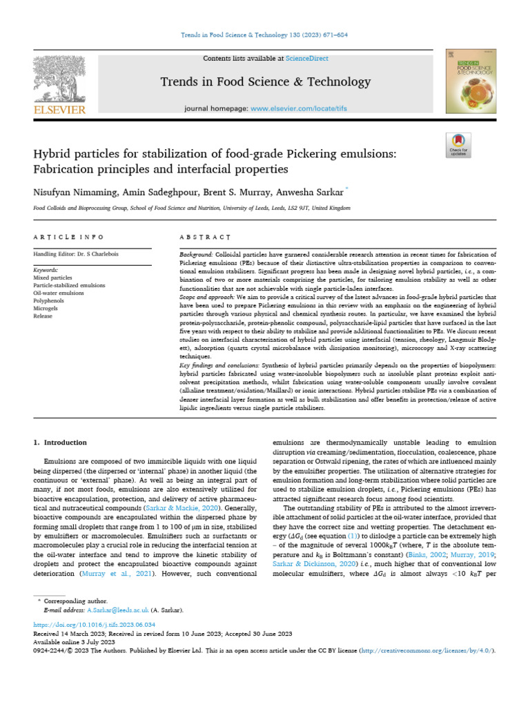 Hybrid Particles in Food Emulsions | PDF | Emulsion | Materials Science