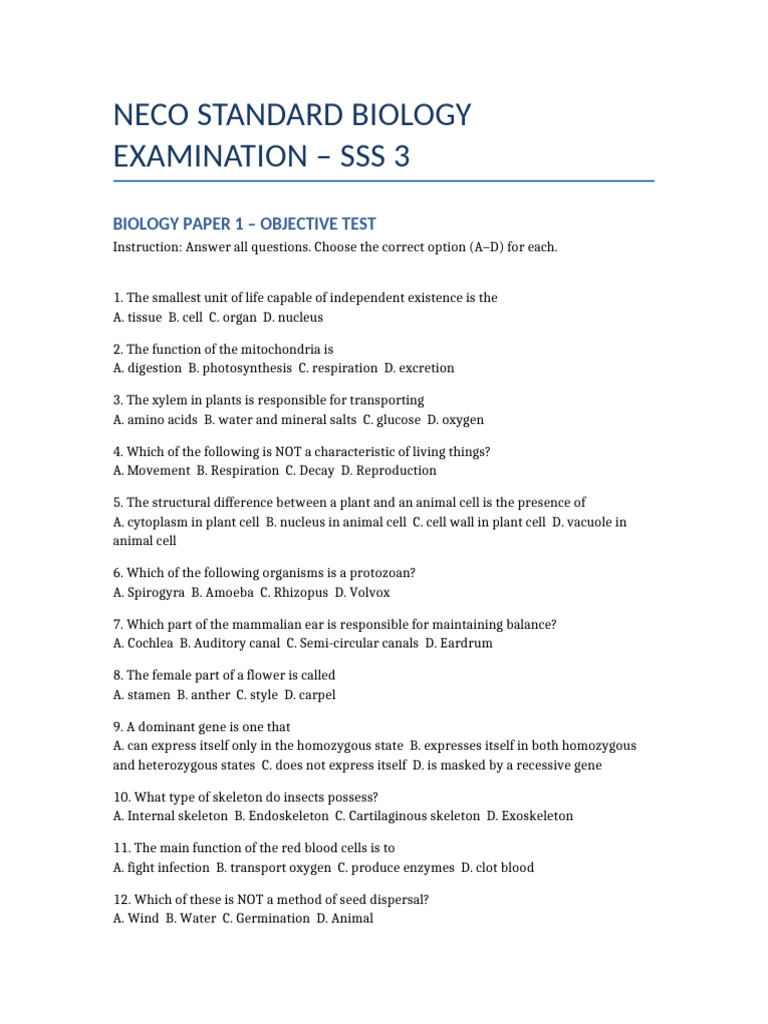 SS3 Biology First Term Exam Questions | PDF | Biology | Plants