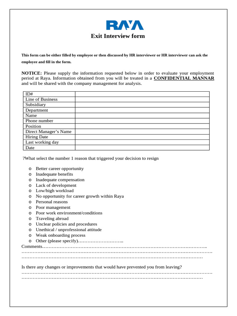 Exit Interview Form Template for Employees | PDF | Employment | Business
