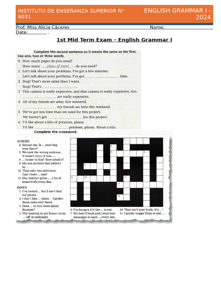 Examen Parcial de Gramática Inglesa 2024 | PDF