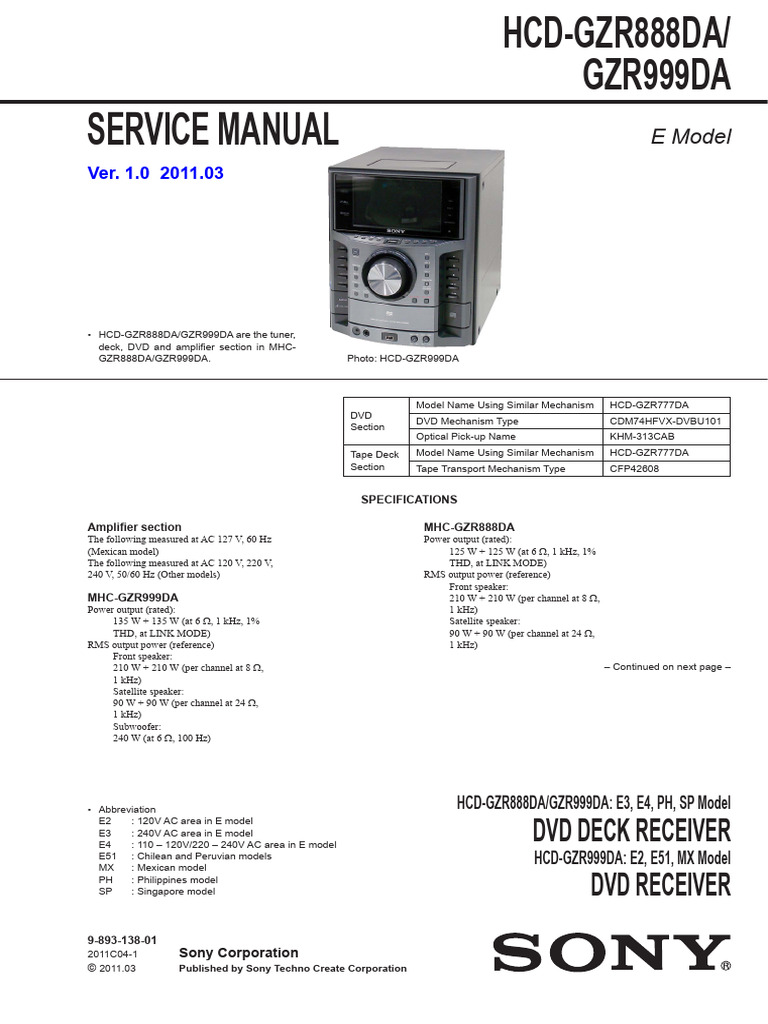 Sony GZR888DA Service Manual | PDF | Loudspeaker | Antenna (Radio)