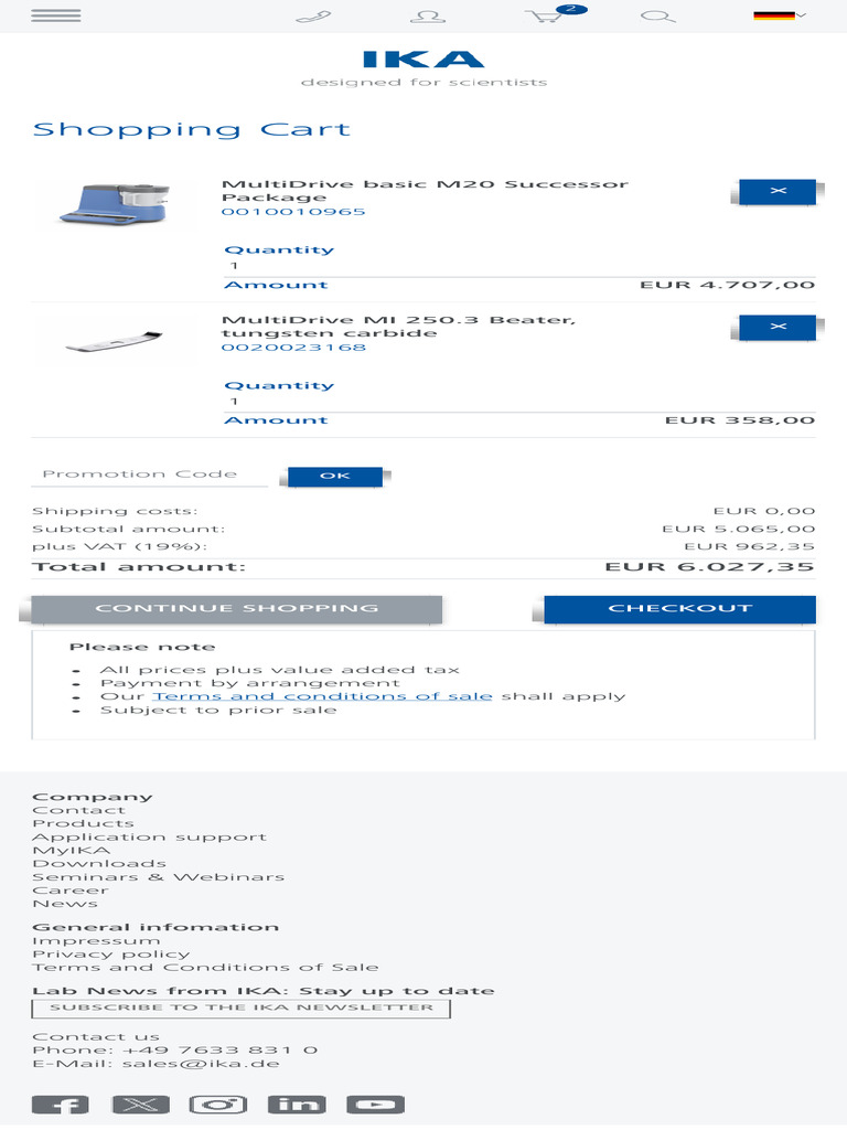 IKA Shopping Cart Summary and Costs | PDF