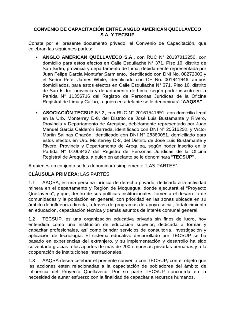 Convenio de Capacitación Entre Angloamerican Quellaveco - WORD | PDF ...