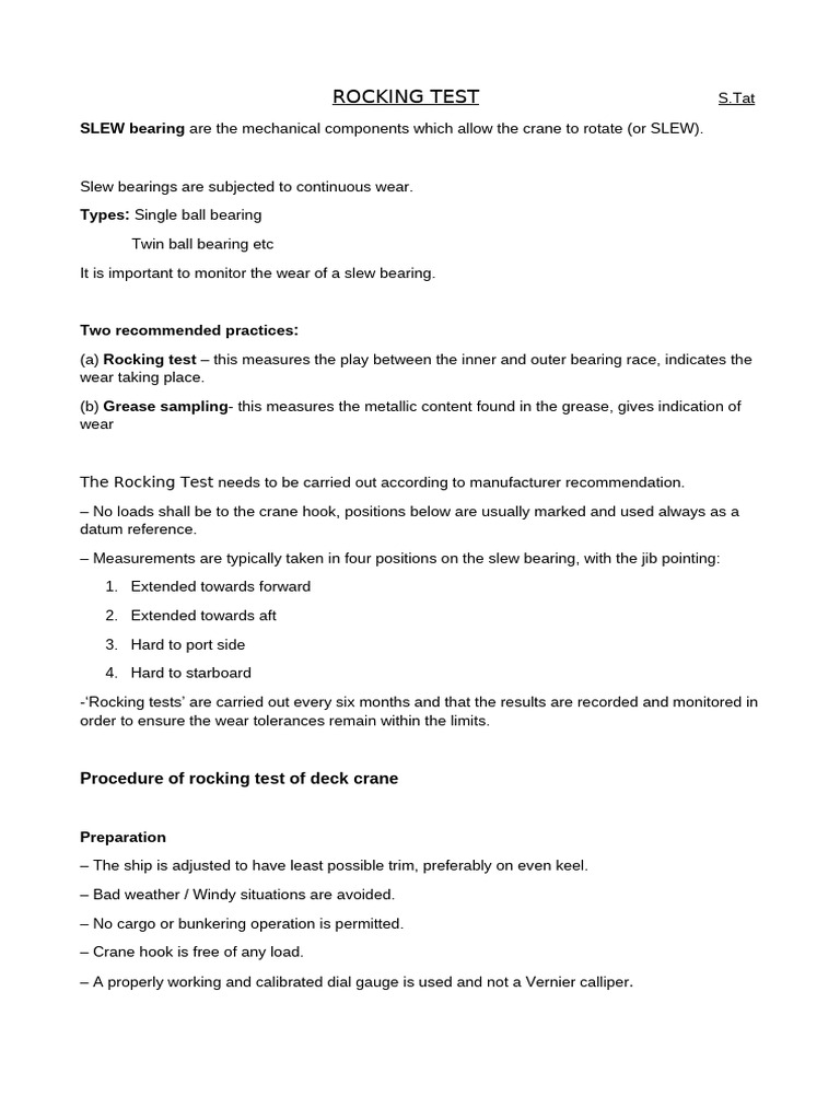 Deck Crane Rocking Test Procedure | PDF | Bearing (Mechanical) | Crane ...