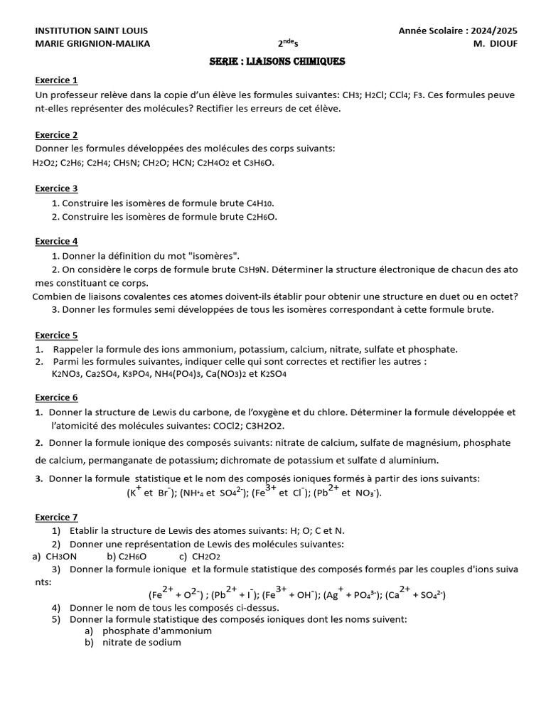 Exercices sur les Liaisons Chimiques | PDF | Ion | Liaison chimique