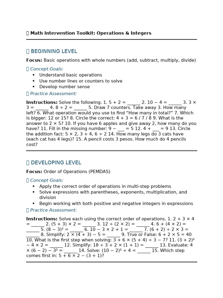 Math Intervention Toolkit: Operations | PDF | Multiplication | Discrete ...