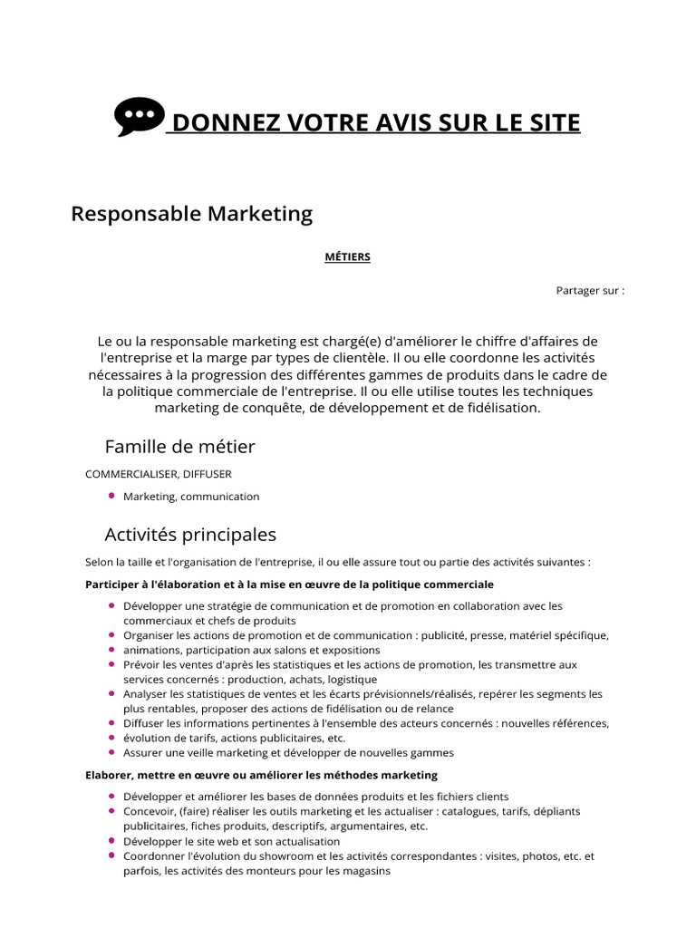 Fiche de poste : Responsable Marketing | PDF | Commercialisation | Business